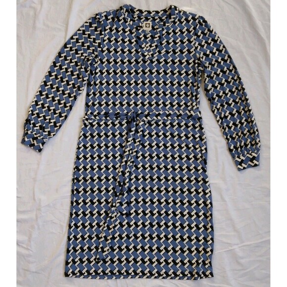 Anne Klein Dresses & Skirts - Anne Klein Long Sleeve Sheath Dress Belted Blue Black Geometric Retro Size S